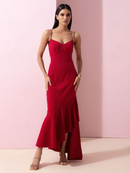 RSVP by Nykaa Fashion - Red Solid Diamante Straps V Neck Gown
