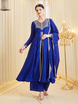 MOKOSH - Women Blue Silk Embroidered Anarkali Kurta with Palazzo and Dupatta