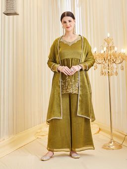 MOKOSH - Women Olive Green Silk Embroidered Peplum Kurta and Sharara with Dupatta