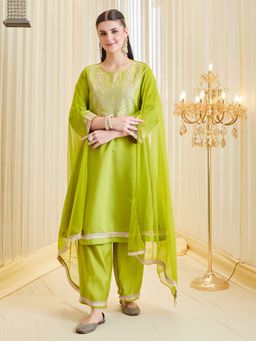 MOKOSH - Women Green Silk Embroidered Anarkali Kurta and Palazzo with Dupatta