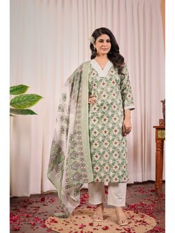 Anveri Textiles - Women Anveri Sage Green Ethnic Printed Kurta and Pant with Dupatta