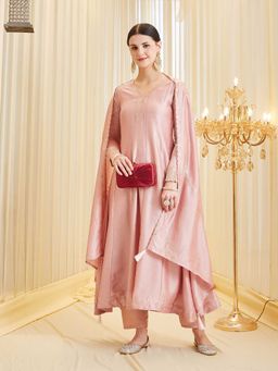 MOKOSH - Women Pink Silk Embroidered Kurta with Pant and Dupatta