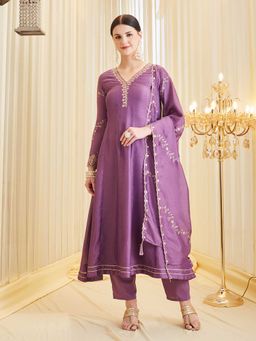 MOKOSH - Women Lavender Silk Embroidered Kurta with Pant and Dupatta