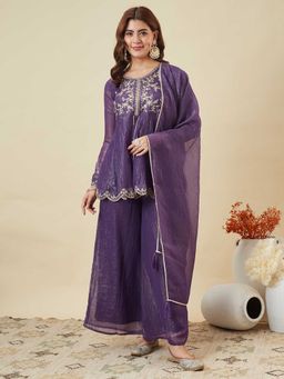 MOKOSH - Women Purple Silk Embroidered Kurta with Palazzo and Dupatta