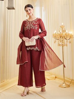 MOKOSH - Women Maroon Silk Embroidered Kurta with Palazzo and Dupatta