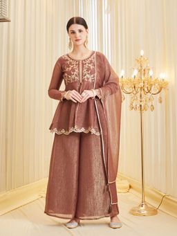 MOKOSH - Women Brown Silk Embroidered Kurta with Palazzo and Dupatta