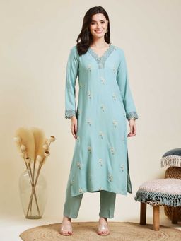 MOKOSH - Women Sky Blue Embroidered V-Neck Co-ord Set