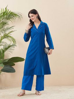 MOKOSH - Women Blue Cotton Solid Kurta with Palazzo