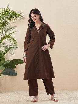 MOKOSH - Women Brown Cotton Solid Kurta with Palazzo