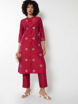 max - Women Red Embroidered Polyester Blend Straight Kurta and Pant