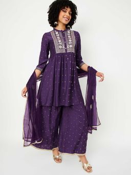 max - Women Purple Embroidered A-Line Kurta with Palazzo and Dupatta