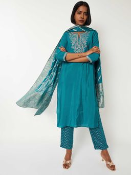 max - Women Blue Embroidered Straight Kurta with Pant and Dupatta