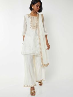max - Women Off White Embroidered Straight Kurti with Palazzo and Dupatta