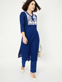 max - Women Blue Embroidered Straight Kurta and Pant