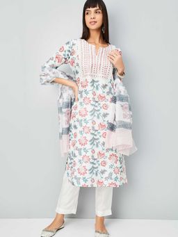 max - Women Off White Embroidered Straight Kurta with Pant and Dupatta