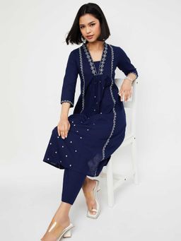max - Women Navy Blue Embroidered A-Line Kurta with Pant