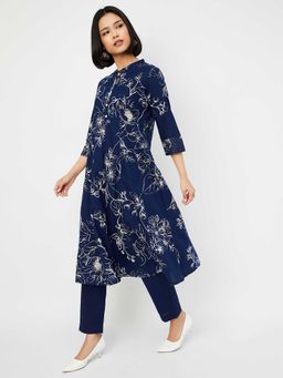 max - Women Navy Blue Floral Print Straight Kurta and Pant