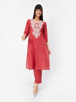 max - Women Red Embroidered Straight Kurta and Pant