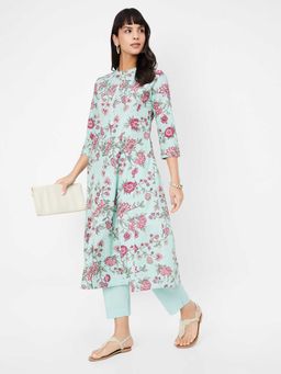 max - Women Blue Floral Print A-Line Kurta and Pant