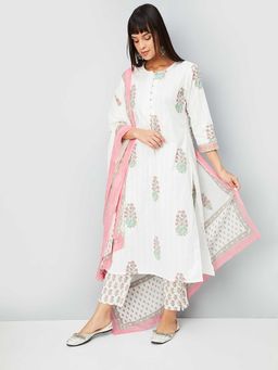 max - Women Off White Floral Print Straight Kurta with Pant and Dupatta