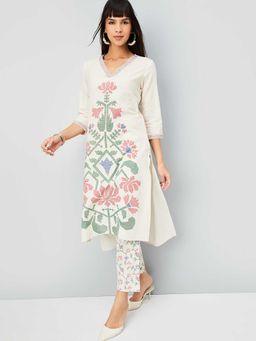 max - Women Off White Floral Print Straight Kurta with Pant