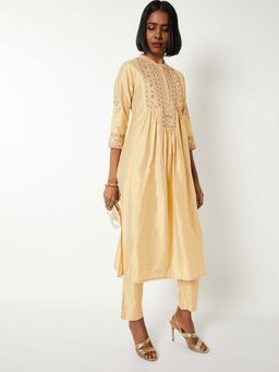 max - Women Yellow Embroidered Straight Kurta with Pant