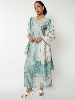 max - Women Blue Embroidered Straight Kurta with Pant and Dupatta