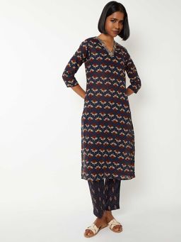 max - Women Navy Blue Floral Printed Straight Kurta with Pant