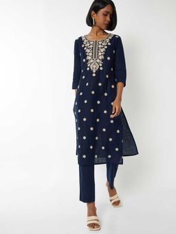 max - Women Navy Blue Embroidered Straight Kurta with Pant