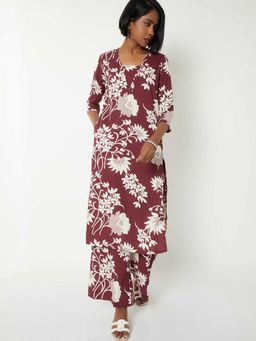 max - Women Maroon Floral Printed A-Line Kurta with Palazzo