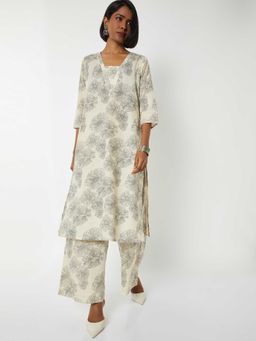 max - Women Off White Floral Print Straight Kurta with Palazzo