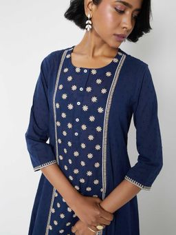 max - Women Navy Blue Embroidered A-Line Kurta with Palazzo