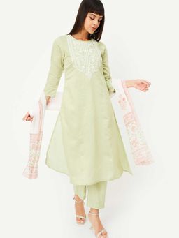 max - Women Green Embroidered Straight Kurta with Pant and Dupatta