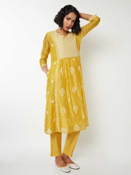 max - Women Yellow Embroidered A-Line Kurta with Pant