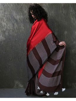 Chidiyaa - Red-Brown Blockprinted Modal Silk Saree