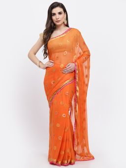 KISHORI - Women Meena Zari & Gota Work Chiffon Saree & Blouse Orange with Unstitched