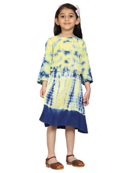 KiddoPanti - Blue & Yellow Girls 3/4th Sleeve Tie And Dye Dress With Dori