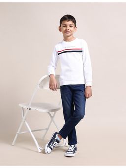U.S. POLO ASSN. - Boys White Cotton Graphic Full Sleeves Crew Neck Sweatshirt
