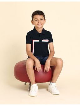 U.S. POLO ASSN. - Boys Navy Blue Cotton Stripes Half Sleeves Collar Neck Polo T-Shirt