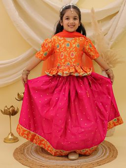 BownBee - Orange Short Sleeves Jacquard Peplum Lehenga & Choli with Dupatta