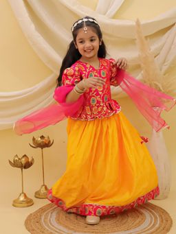 BownBee - Pink Short Sleeves Jacquard Peplum Lehenga & Choli with Dupatta