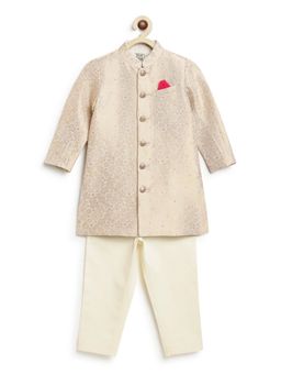 TIBER TABER - Cream Brocade Kurta, Pant with Sherwani & Pocket Square