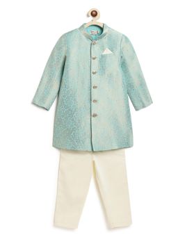 TIBER TABER - Blue Brocade Kurta, Pant with Sherwani & Pocket Square
