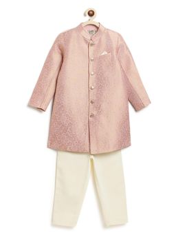 TIBER TABER - Pink Brocade Kurta, Pant with Sherwani & Pocket Square