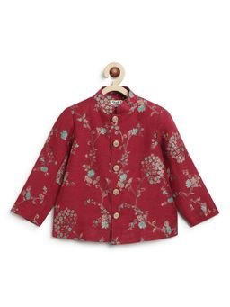 TIBER TABER - Boys Maroon Floral Jacquard Bandhgala