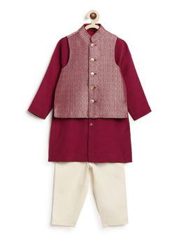TIBER TABER - Maroon Brocade Kurta with Pant & Nehru Jacket