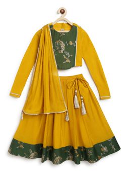 TIBER TABER - Girl Yellow Floral Jacquard Lehenga with Blouse & Dupatta