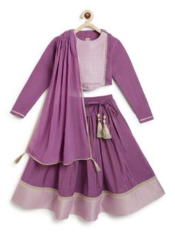 TIBER TABER - Girl Purple Brocade Lehenga with Blouse & Dupatta