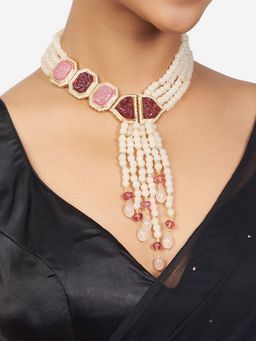 Joules By Radhika - Gold Finish Pink and Off White Necklace with Pearls