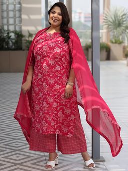 Extra love by Libas - Woman Plus Size Pink Straight Kurta with Palazzo & Dupatta (Set of 3)